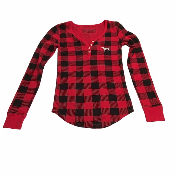Pink Victoria’s Secret pajama top red and black plaid size X small 4 buttons - Picture 1 of 9